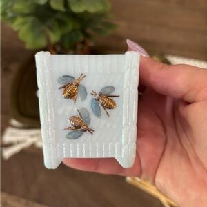 Vintage bees blue milk glass toothpick/match holder